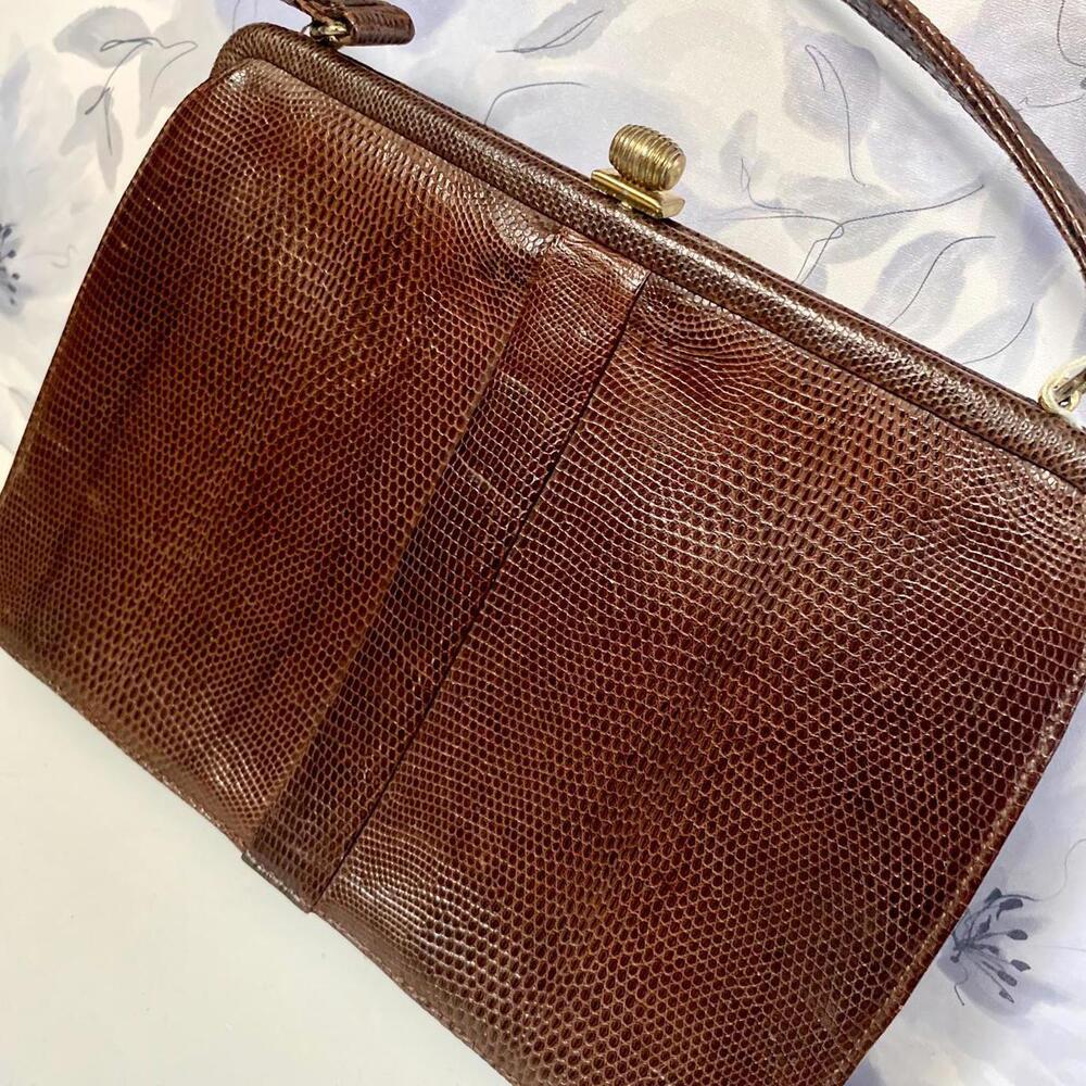 1950s Classic Mappin And Webb Brown Lizard Skin Purse Handbag Gilt Barrel Clasp